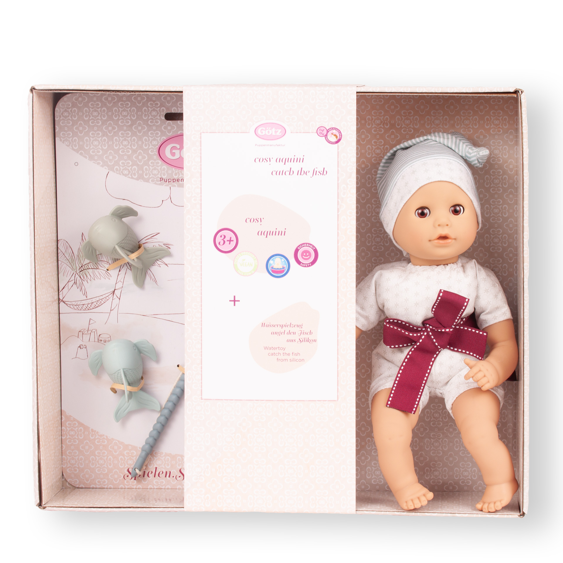 Badepuppe Gr. 33 cm Geschenkset mit Kinder Angelset mit Angel und 3 Fischen in zarten Blautoenen in Geschenkbox