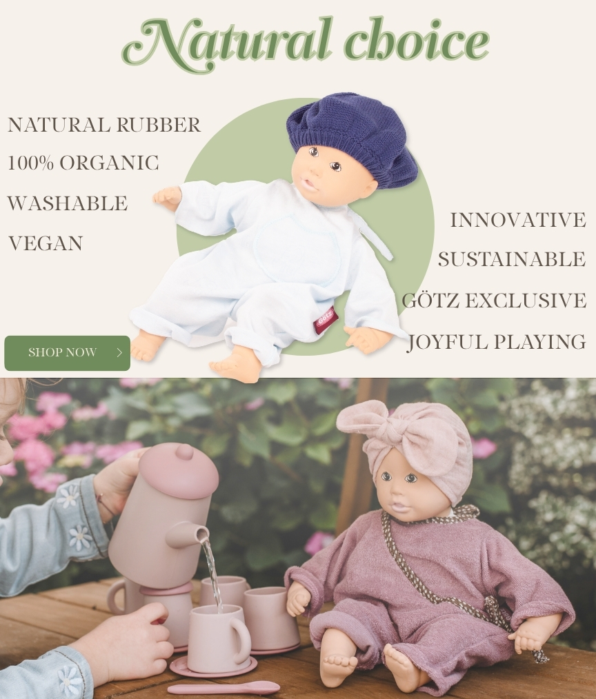 Kautschuk Babypuppe mit gemalten Augen. in Anzug mit Strickmuetze  Oekologisch, vegan und nachhaltig von Goetz