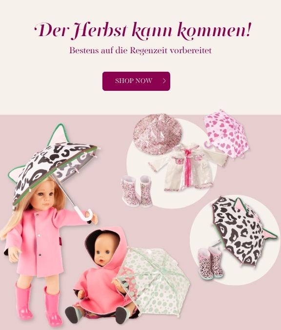 reichlich Zubehoer fuer Goetz Puppen fuer die Regenzeit. Regenschirme, Gummistiefel, Regencape und Regenjacke und mehr von Goetz
