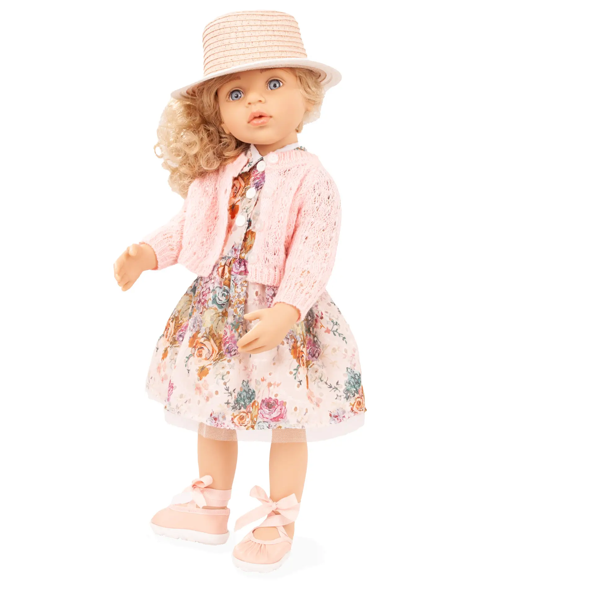 happy-kidz-greta-multigelenkstehpuppe-goetz-hut-strickjacke-sommerkleid-tuellrock-blaue-augen-locken-blond-langhaarig-sommerschuhe-ballerinas
