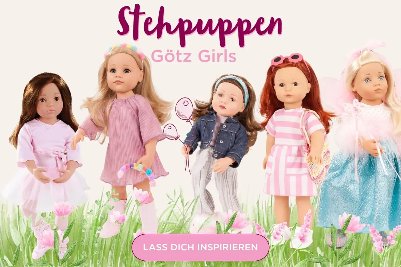 Fuenf Stehpuppen in unterschiedlichen Looks, von elegantem Fruehlingsoutfit bis zu Ballett- und Feenkostuem