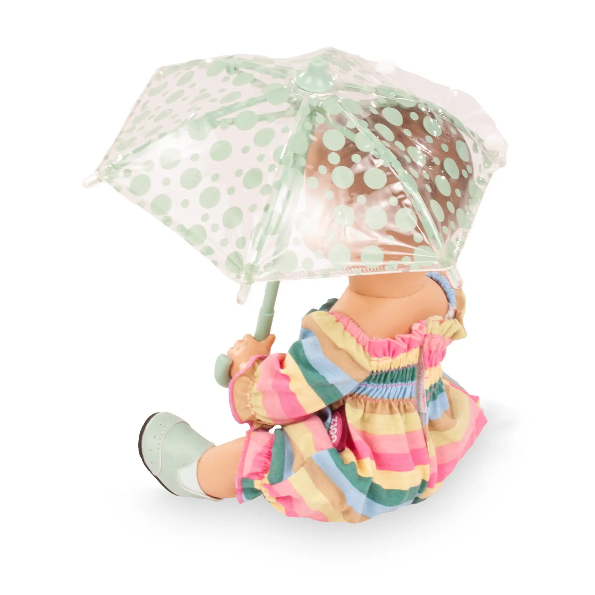 Badepuppe Gr. 30-33 cm. Rueckansicht, Puppe mit buntgeringeltem Sommeranzug, einem Regenschirm und Booties von Goetz