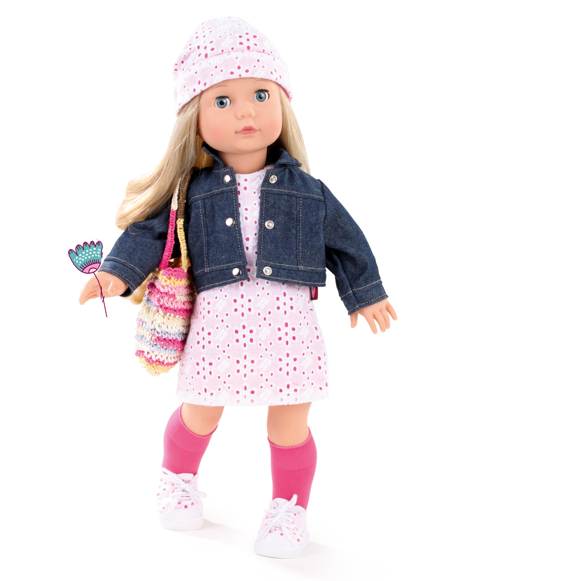 1490366-jessica-color-and-lace-precious-day-stehpuppe-goetz 1490366-jessica-color-and-lace-precious-day-stehpuppe-goetz-lochstickerei-struempfe-jeansjacke-basttasche-muetze-sneakers-schlafaugen-blond-langhaarig