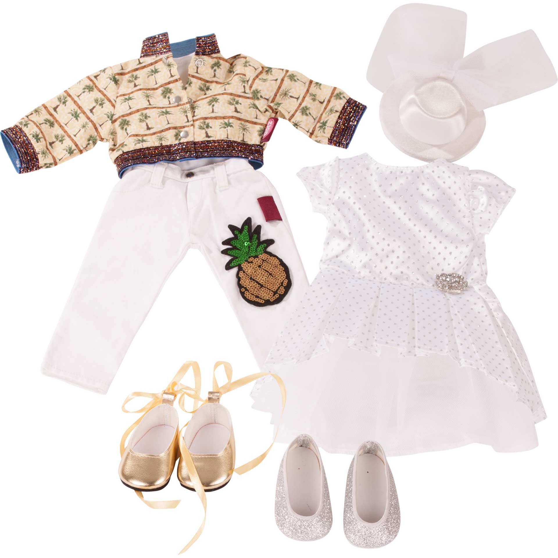 3403297-set-special-day-bekleidung-goetz set-special-day-bekleidung-goetz-ballerinas-glitzerkleid-pailletten-ananas-jacke-jeans-hut-spange