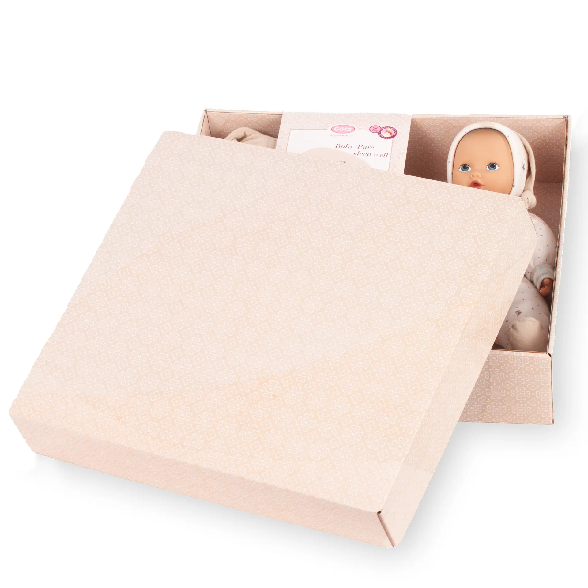 2491526 Baby Pure Sleep Well Babypuppe Geschenkset Goetz Babypuppe Gr. 33 cm für die Kleinsten, leicht und weich mit Schlafsack und Beissring fürs Kind in Geschenkbox