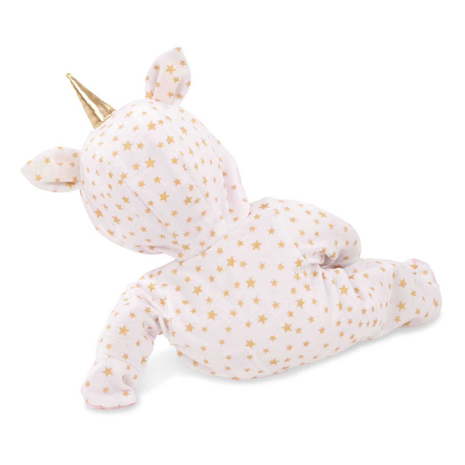 33 cm grosse Babypuppe von hinten im Einhorn-Onesie mit goldenen Sternen