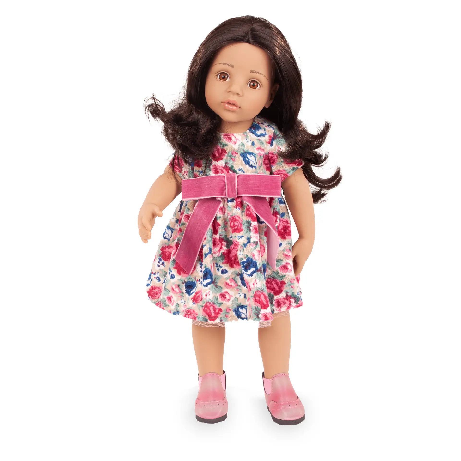 Bekleidung fuer Stehpuppen Gr. 45-50 cm. Kleid mit Rosen und einer Samtschleife mit rosa-schilernden Boots, angezogen von Goetz
