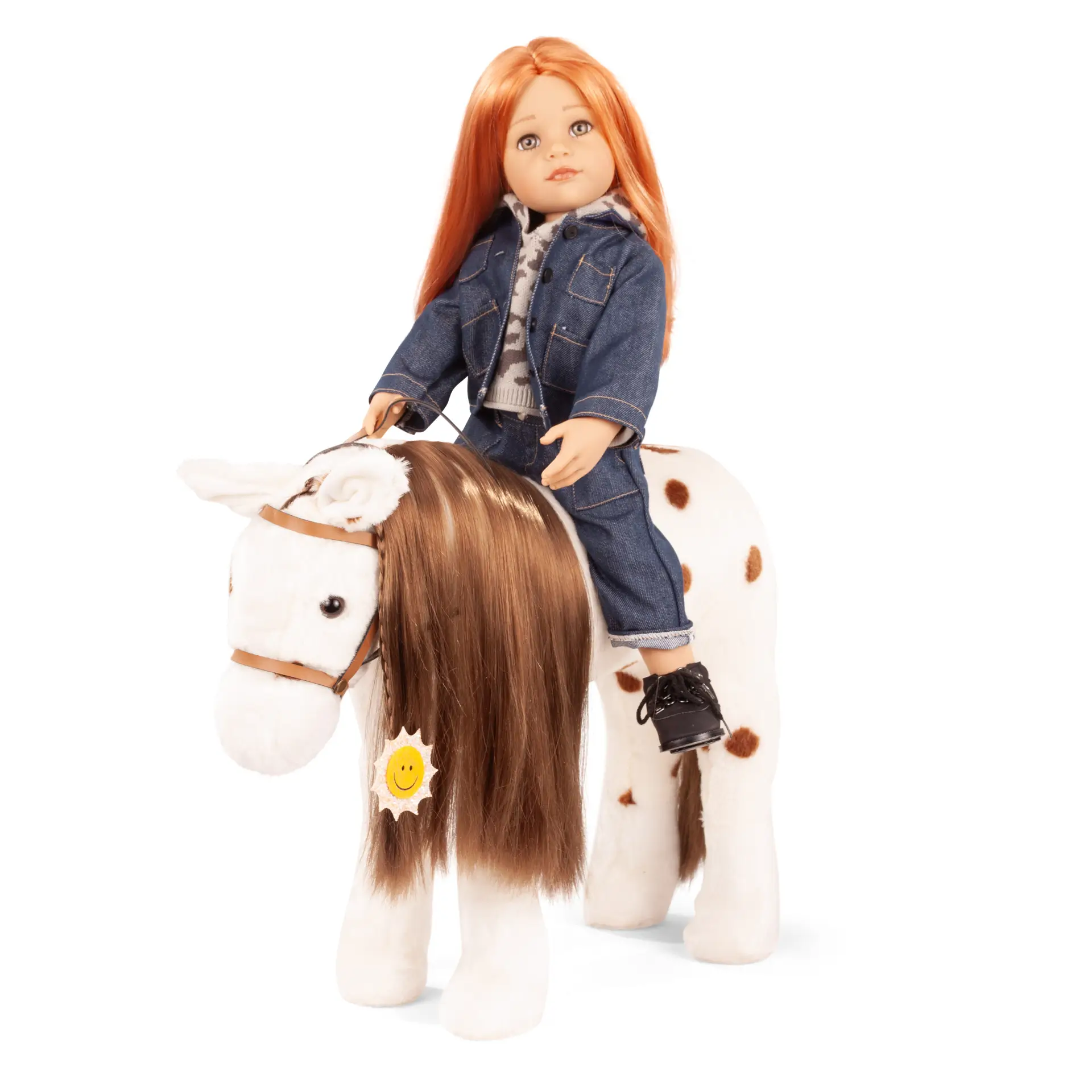 Plueschpferd empfohlen fuer Stehpuppen Gr. 45-50 cm in weiss mit braunen Tupfen, langer brauner Maehne, Halfter und einer Haarspange, Emo-Bild mit Puppe. Von Goetz