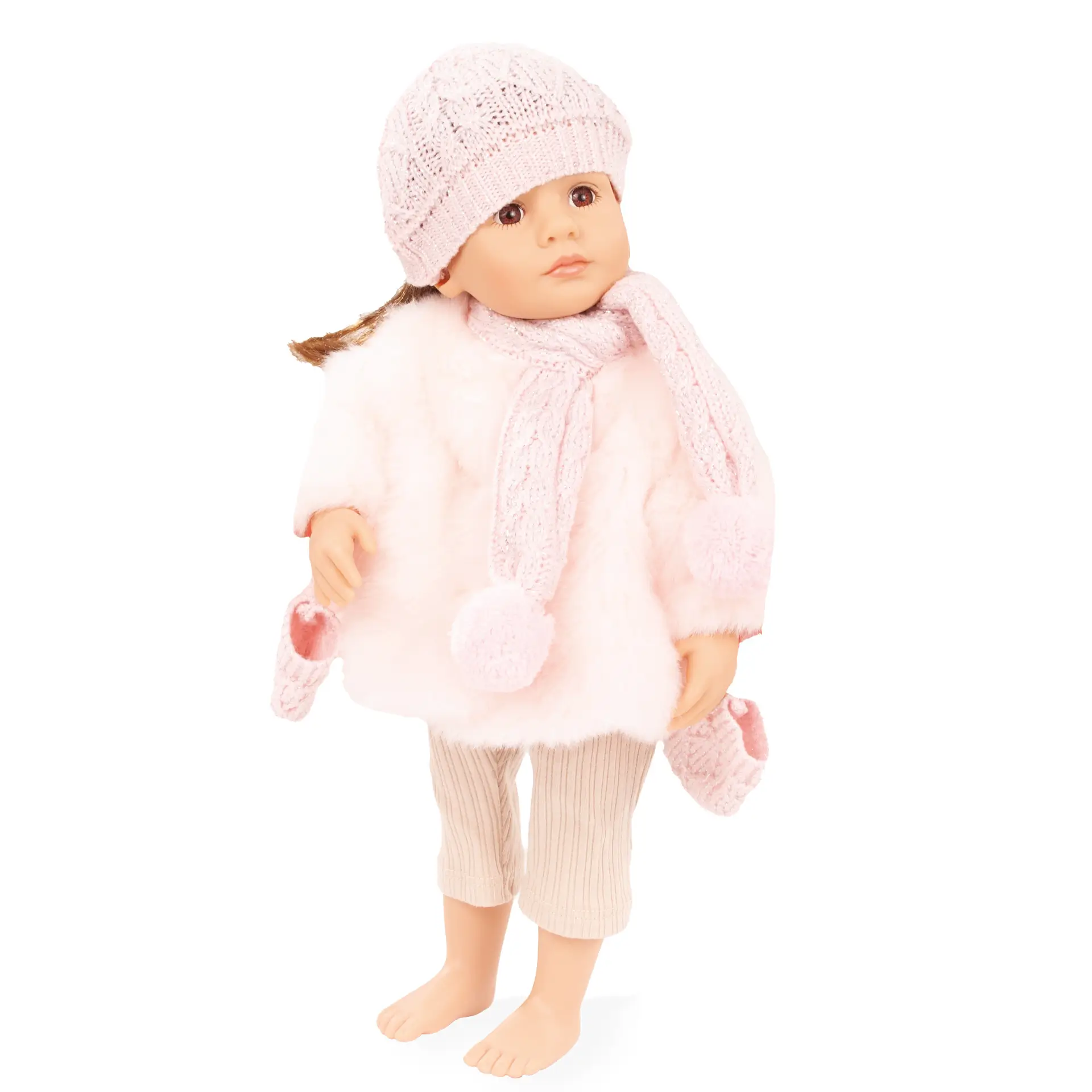 3403597-winterkombi-furry-christmas-bekleidung-goetz Angezogene Stehpuppe Gr. 36 cm in Winterkombi. Winterset mit rosa Plueschjacke mit Strickschal, Strickhandschuhen und passender Muetze mit Glitzerlurex von Goetz