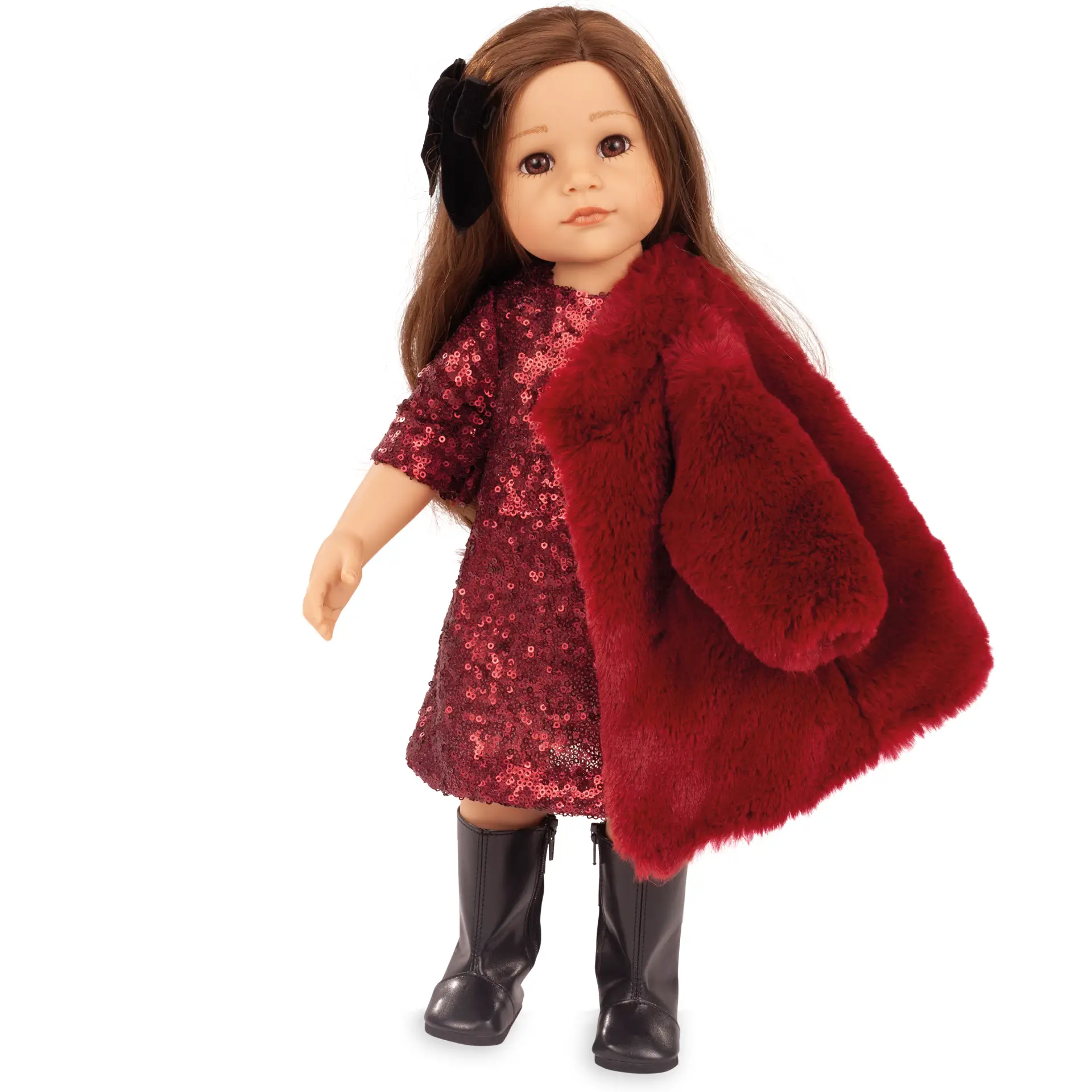 Stehpuppe Gr. 45-50 cm, Hannah and her dog Polly, eine Multigelenkstehpuppe edel gekleidet in einem bordeauxfarbenen Paillettenkleid mit Plueschmantel und schwarzen Stiefeln. Sie hat langes braunes Haar und braune Augen von Goetz