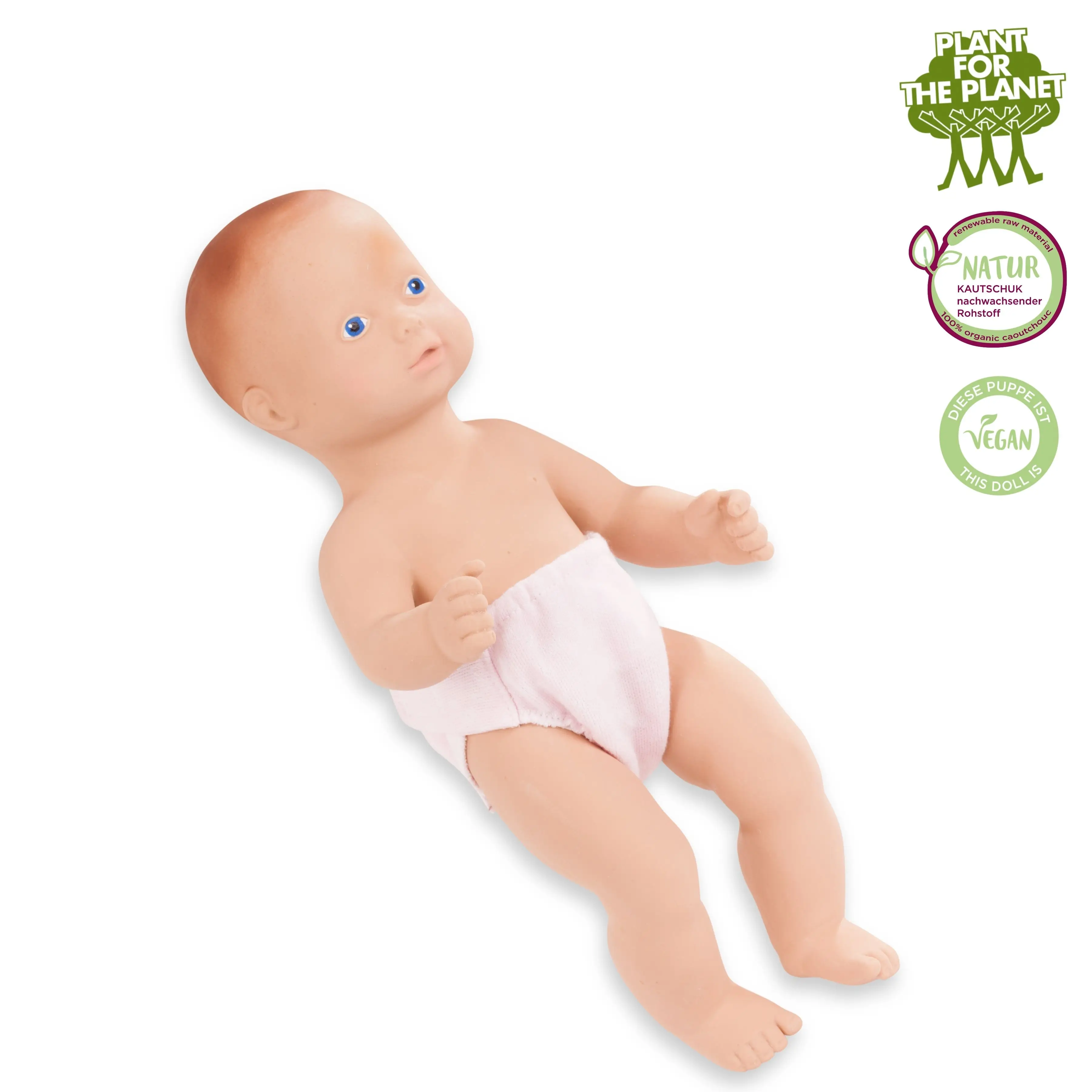 Badepuppe Gr. 30 cm aus Naturkautschuk und vegan in einer rosafarbenen Stoffwindel Goetz