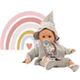 Regenbogen und 33 cm große Babypuppe mit gruenem Anzug und Schnuller