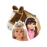 Reiterstehpuppe mit Helm Prinzessinenstehpuppe mit Krone und Plueschpferd mit blonder Maehne