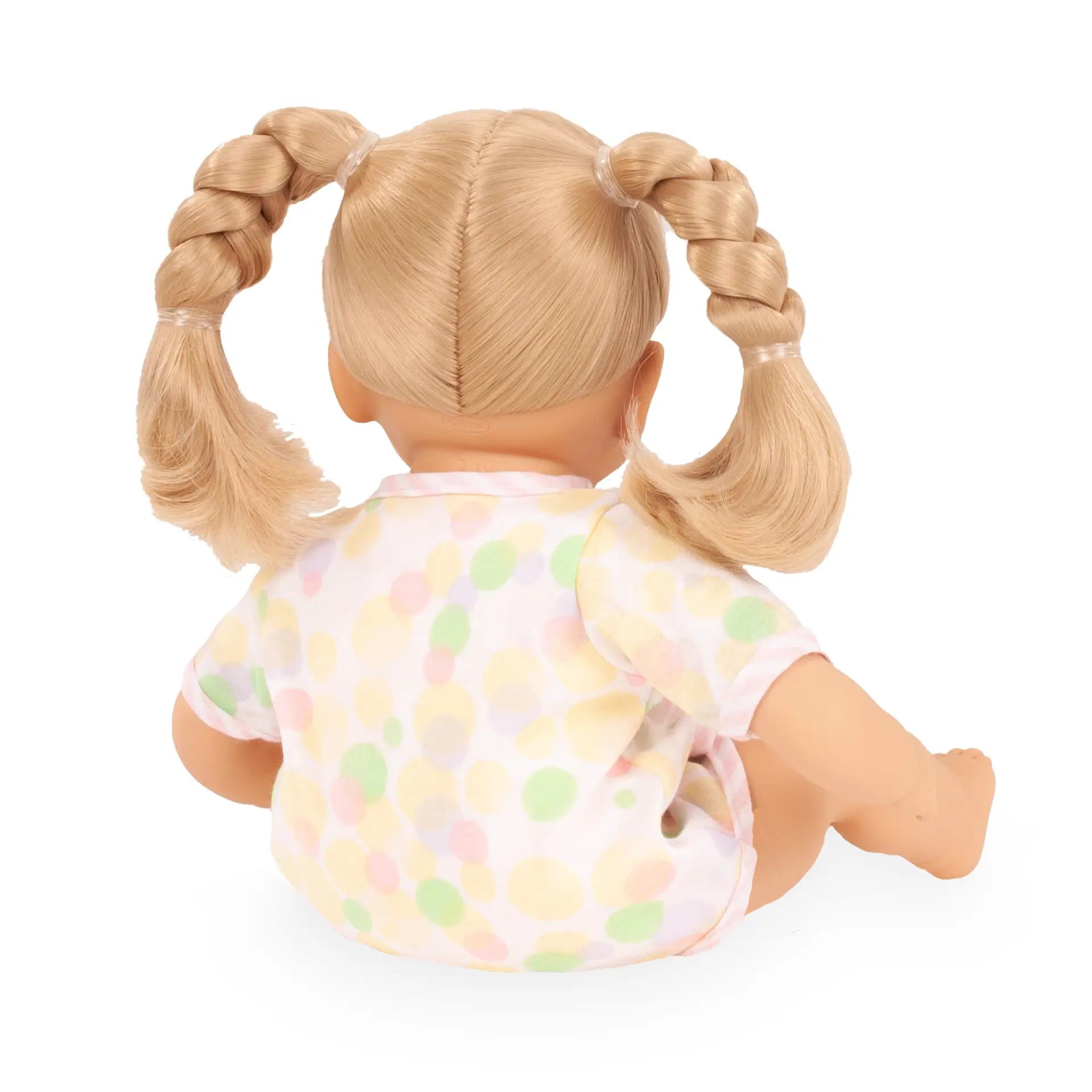 Body Gr. 30-33 cm zum Knoepfen mit pastellfarbenen Punkten, Rueckansicht, angezogen. Von Goetz