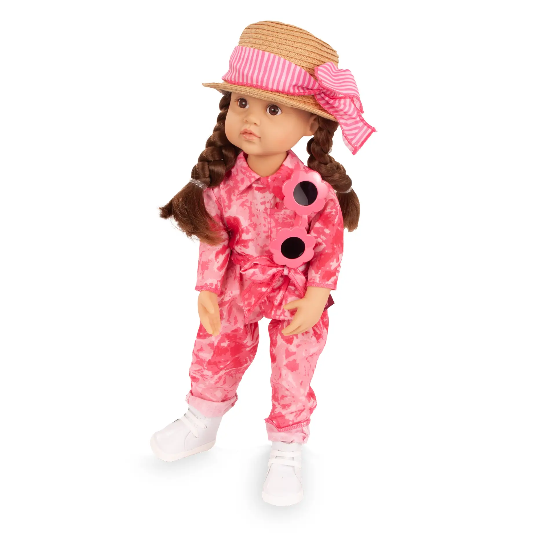 Puppe bekleidet in Set Gr. 36 cm in pinkem Batikmuster mit Strohhut, Haarband, Sonnenbrille und weißen Stoffschuhen von Goetz