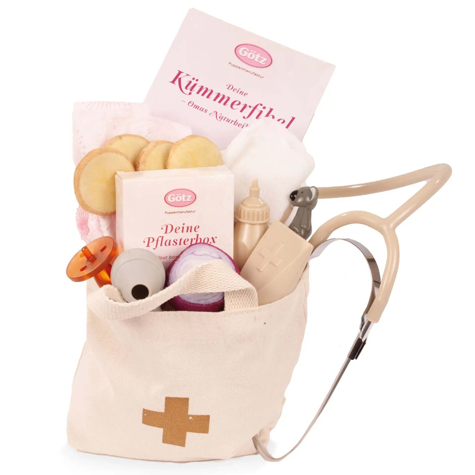 cosy-aquini-be-a-doctor-badebaby-goetz-badepuppe-tasche-zubehoer-stethoskop-heftpflaster-schnuller-binde-wickel-kuemmerfibel-trinkflasche