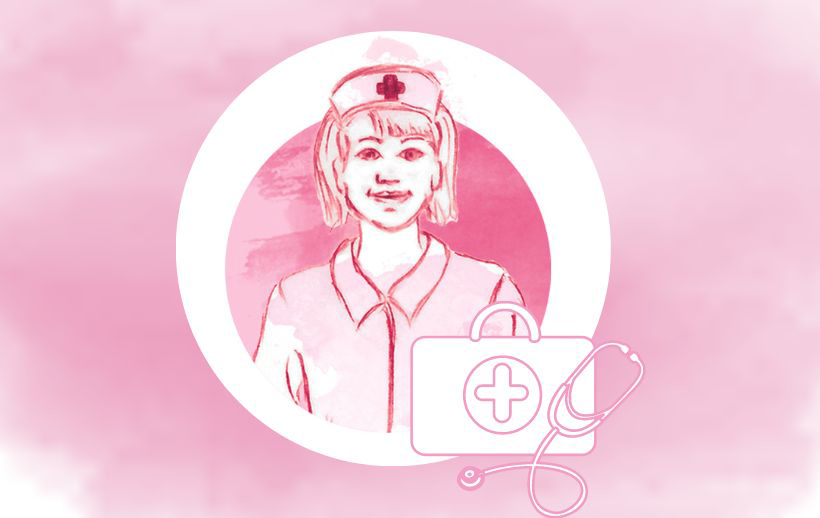 Goetz Puppenklinik Schwester Ella mit Arztkoffer und rosa Hintergrund
