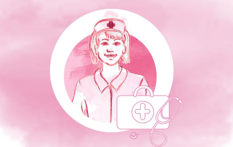 startseite-goetz-puppen-puppenklinik-schwester-ella-graphik Goetz Puppenklinik Schwester Ella mit Arztkoffer und rosa Hintergrund
