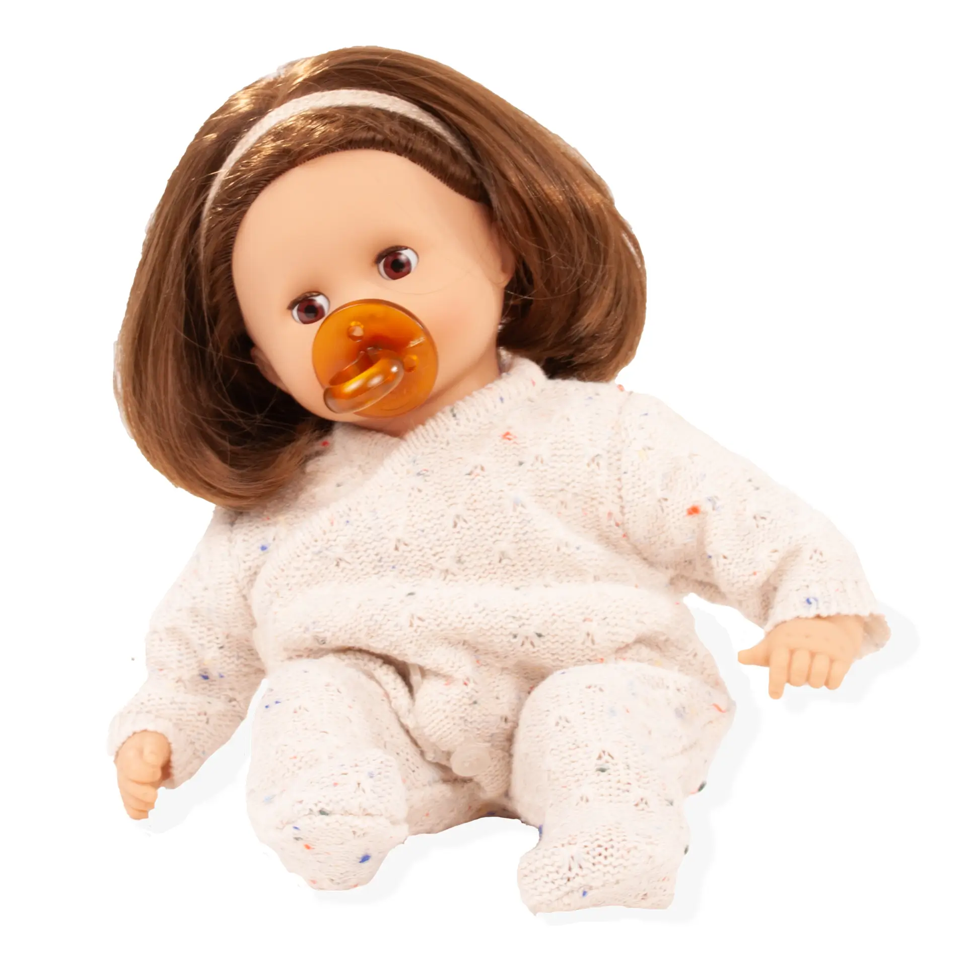 2520965-muffin-alles-strick-babypuppe-goetz muffin-alles-strick-babypuppe-goetz-braunhaarig-schlafaugen-braune-augen-strickanzug-schnuller-haarband