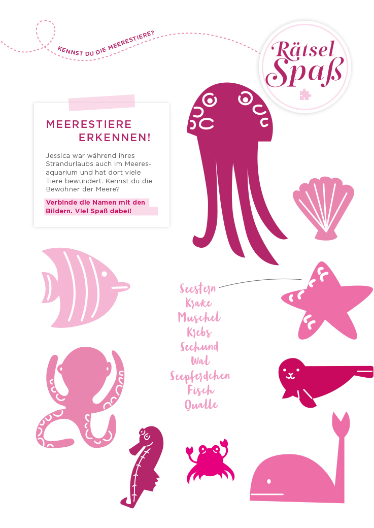 Raetselblatt mit Meerestieren zum Zuordnen der Namen