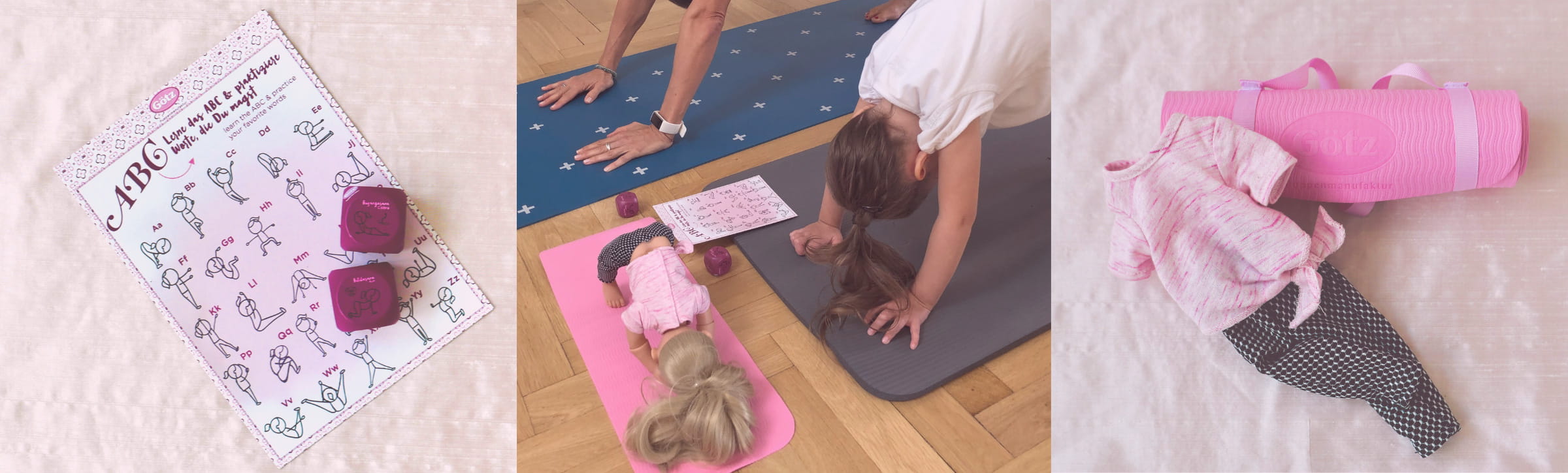 Kind macht Yoga mit Yogapuppe von Goetz, links und rechts sind Puppenaccsessories abgebildet zum spielen