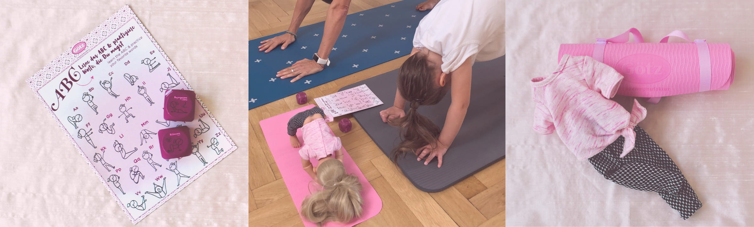 Kind macht Yoga mit Yogapuppe von Goetz, links und rechts sind Puppenaccsessories abgebildet zum spielen Kind macht Yoga mit Yogapuppe von Goetz, links und rechts sind Puppenaccsessories abgebildet zum spielen