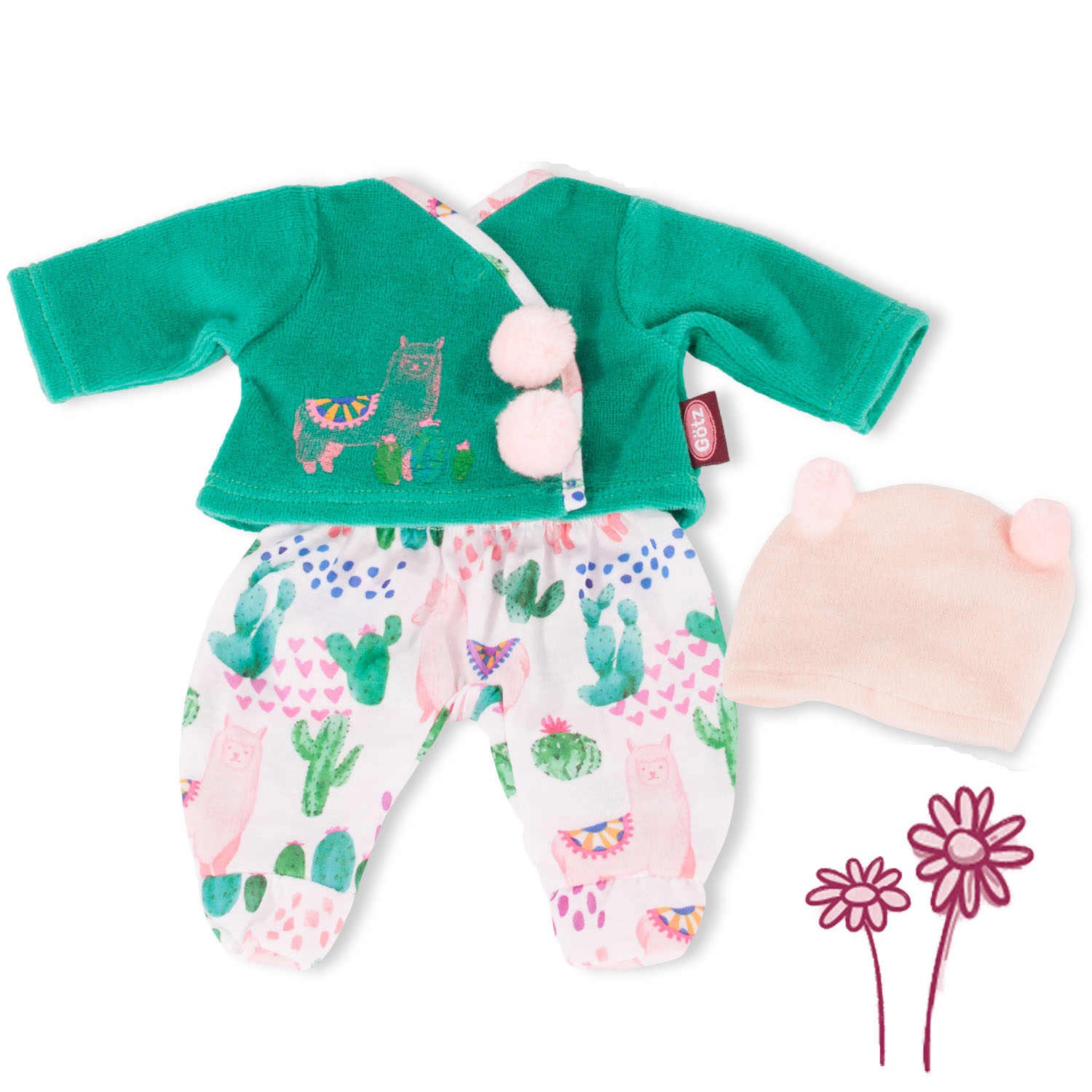 Bekleidungsset fuer Babypuppen in Groesse S bestehend aus gruener Wickeljacke und Hose mit Alpaka- und Kaktus-Motiv sowie passender Muetze