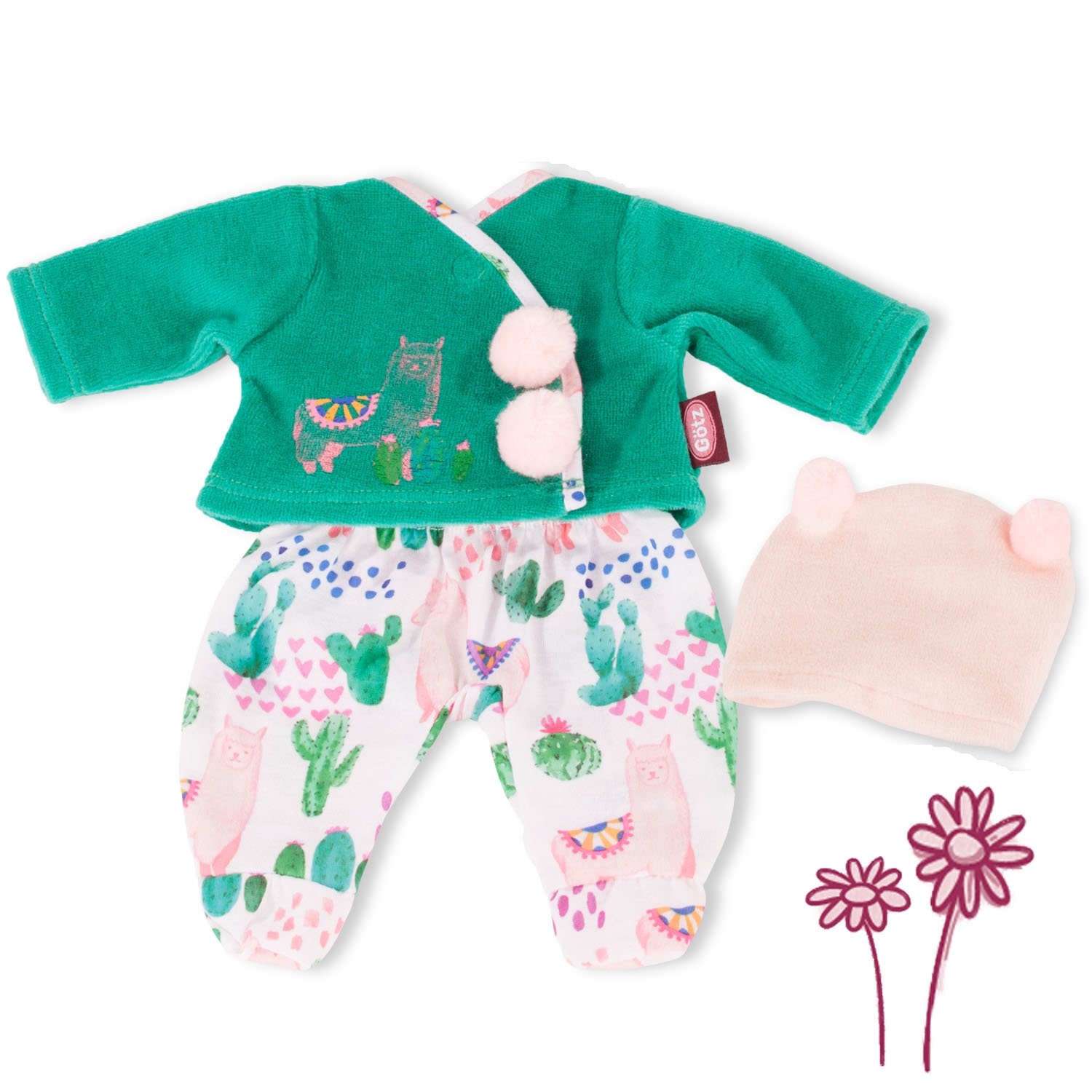 3403161 Babykombi Alpaka Love Groesse S Goetz Bekleidungsset fuer Babypuppen in Groesse S bestehend aus gruener Wickeljacke und Hose mit Alpaka- und Kaktus-Motiv sowie passender Muetze