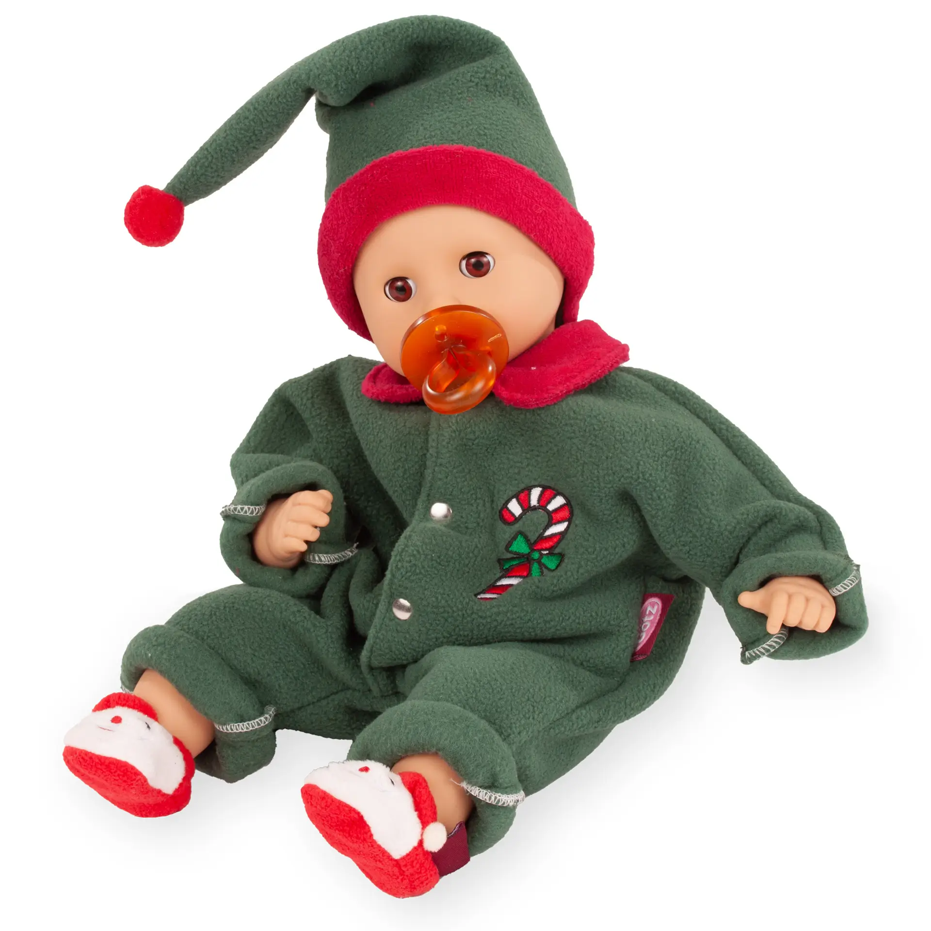 2520575 Muffin Christmas Candy Babypuppe von Goet Babypuppe Gr. 30-33 cm ohne Haare mit braunen Schlafaugen im gruen-roten Fleece-Anzug. Die Puppe traegt noch eine Zipfemuetze und witzige Weihnachtspuschen und Schnuller - von Goetz