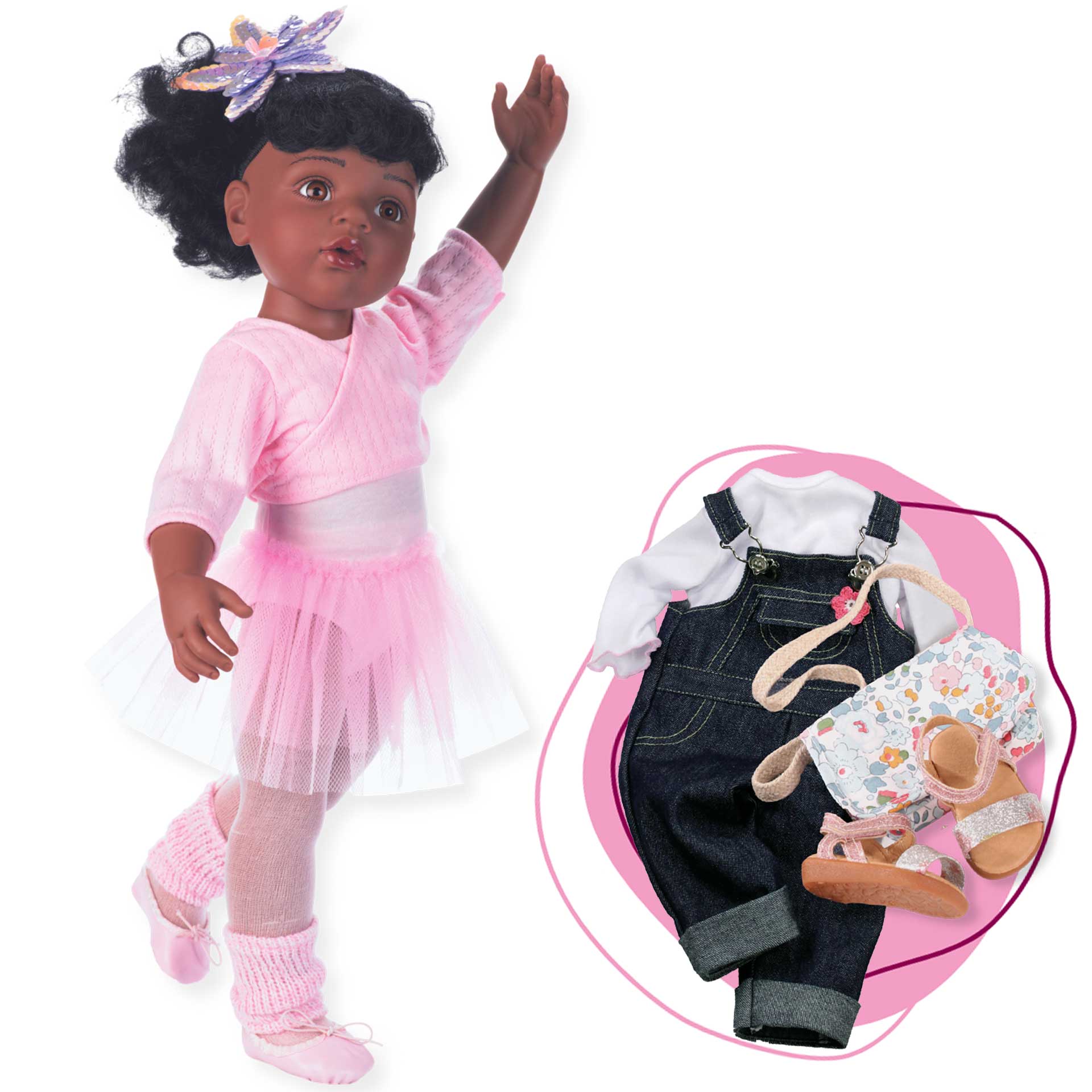 hannah-ballett-stehpuppe-goetz-tutu-ballettoutfit-latzhose-shirt-tasche-sandalen-ballettschuhe-body-tuellrock-afroamerikanisch