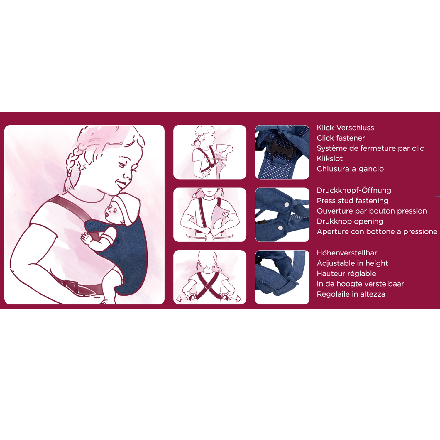 Bauchtrage fuer Babypuppen mit Klickverschluss Druckknopfoeffnung und Hoehenverstellbar