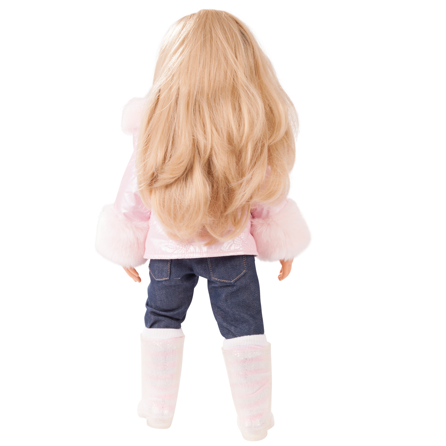 1959093-hannah-all-year-round-stehpuppe-goetz hannah-all-year-round-stehpuppe-goetz-rueckansicht-gummistiefel-jeans-wattierte-jacke-blonde-haare