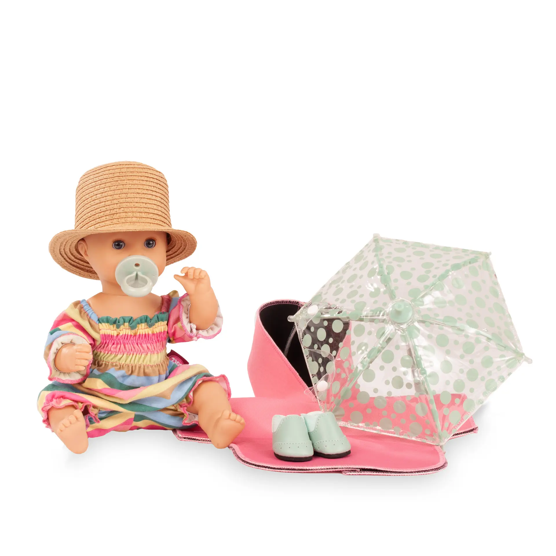 Badepuppe Gr. 30-33 cm. Puppe mit blauen Schlafaugen, Trink- und Toepfchenfunktion, ohne Haare. Mit einem buntgeringelten Sommeranzug mit tuerkisfarbenen Booties und einem Neopren-Regencape, Schnuller, Strohhut und einem Regenschirm von Goetz