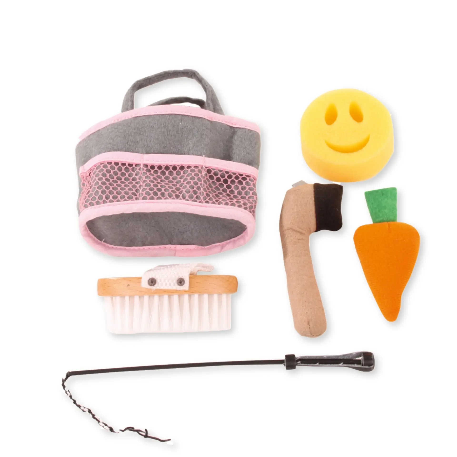 Pferdepflegeset in einer Filztasche mit Gerte, Hufauskratzer, Schwamm, Buerste und einer Stoffmoehre von Goetz