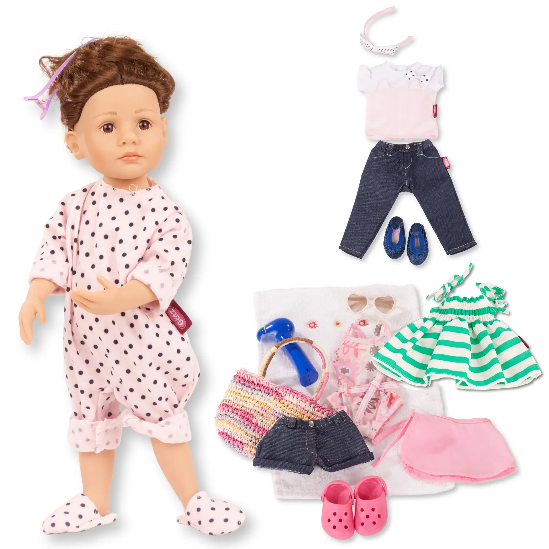 Stehpuppe 36 cm groß mit Gelenken, braune Haare und braune Augen mit Sommerbekleidungsset