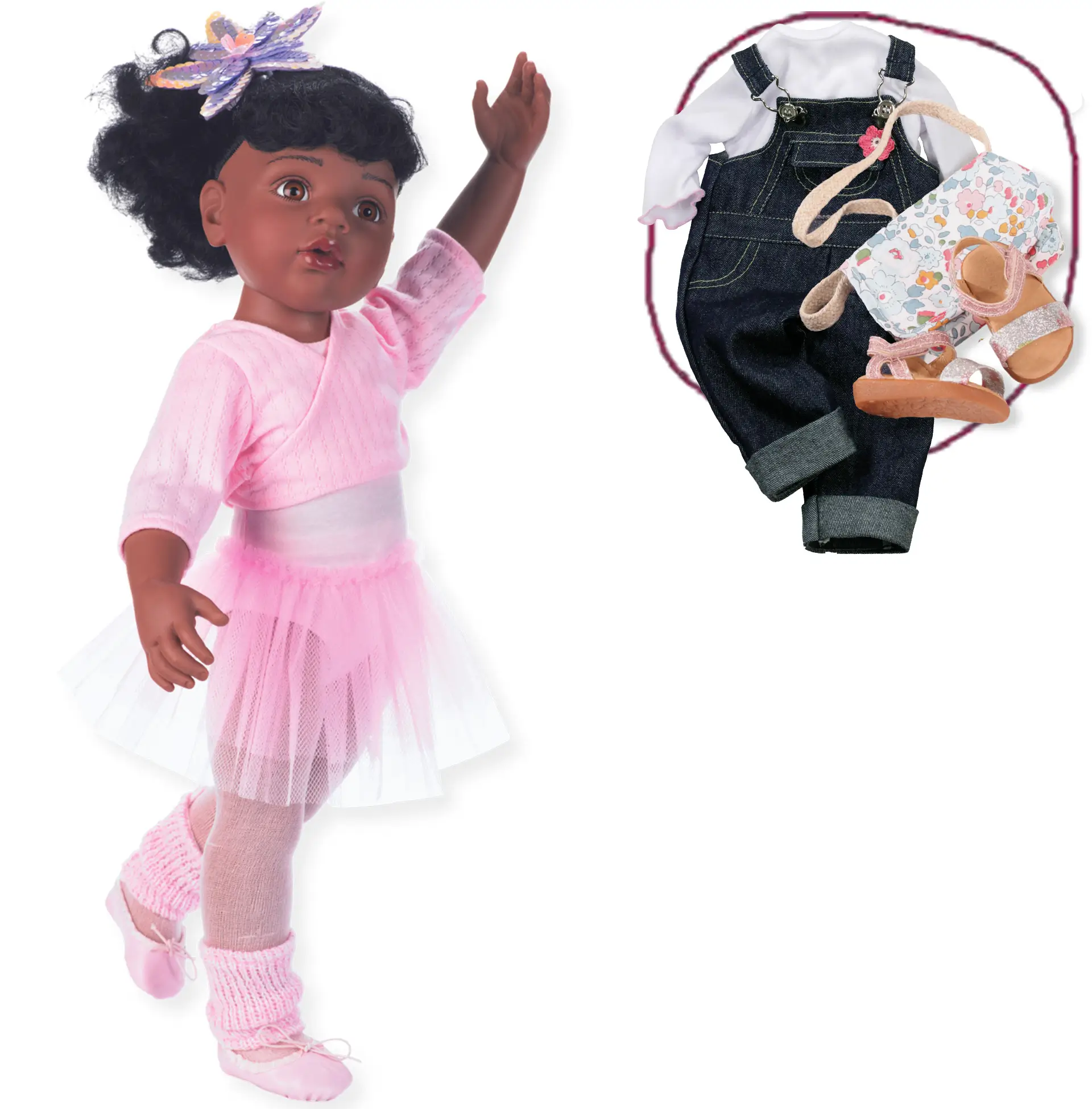 1159850-hannah-ballett-stehpuppe-goetz hannah-ballett-stehpuppe-goetz-tutu-ballettoutfit-latzhose-shirt-tasche-sandalen-ballettschuhe-body-tuellrock-afroamerikanisch
