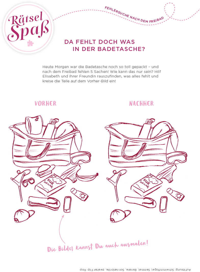 Raetselblatt mit zwei Badetaschen und verschiedenen Gegenstaenden mit Suchspiel bei dem fehlende Gegenstaende gefunden werden sollen