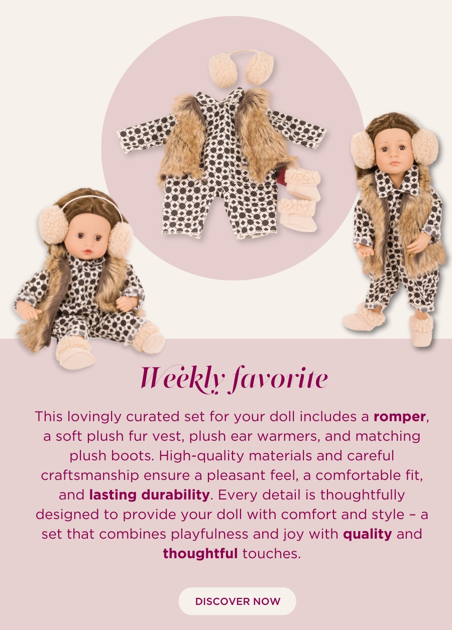 Kombi für Stehpuppen Gr. 36 cm und BAbypuppen Gr. 30-33 cm. Ein Overall mit Plueschfell-Weste und Plueschohrenwaermer und Plueschboots in beige.Von Goetz