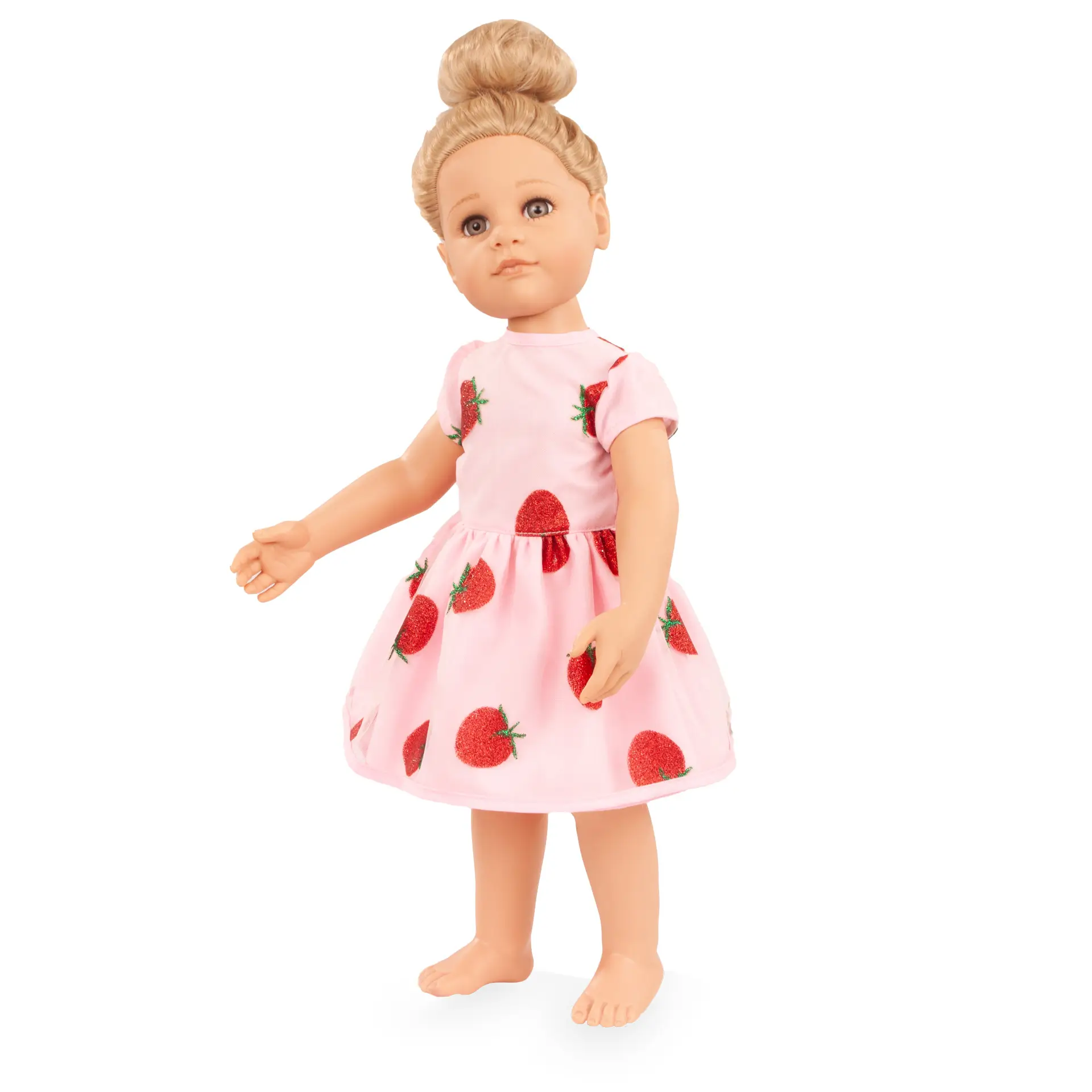 Sommerset Gr. 45-50 cm bestehend aus einem rosafarbenem Kleid mit Glitzer-Erdbeeren Aufdruck, angezogen. Von Goetz