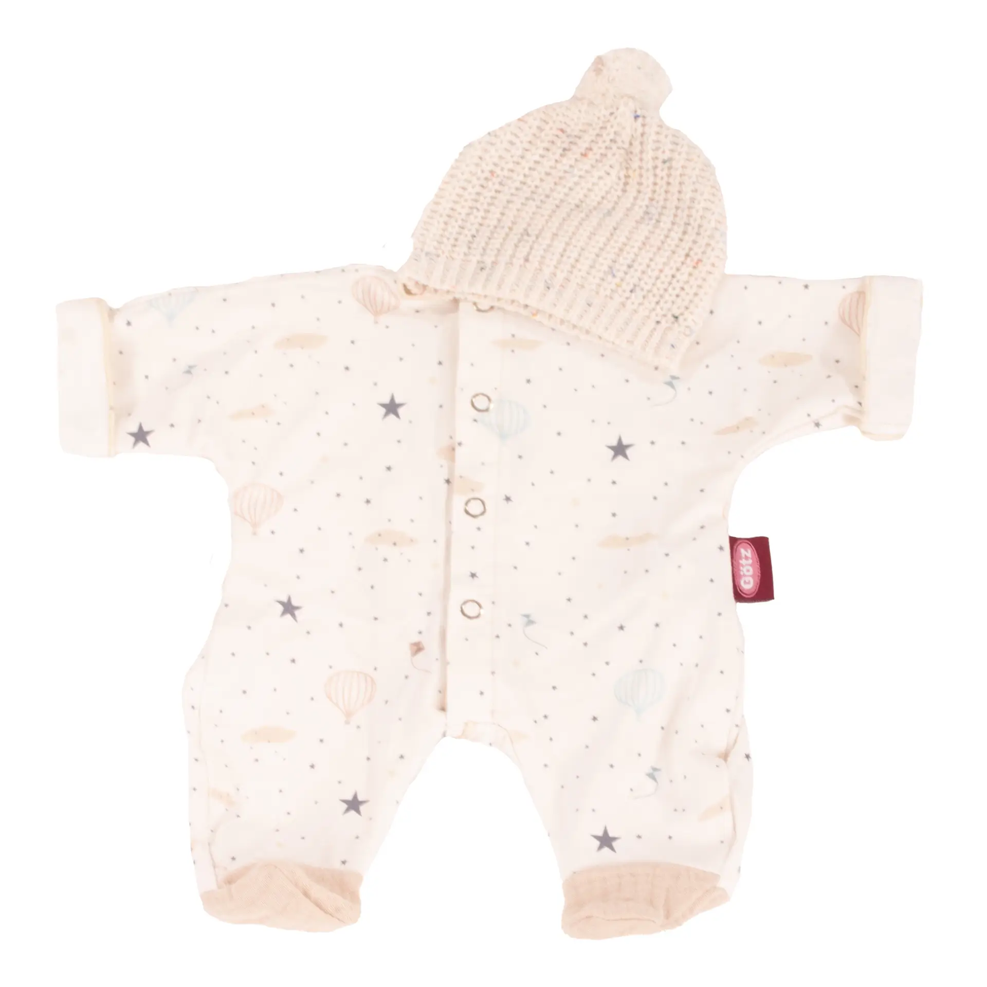 Kombi Strampler mit Strickmuetze Gr. 30-33 cm in beige mit Sternen und Ballons als Aufdruck, dazu eine Strickmuetze von Goetz