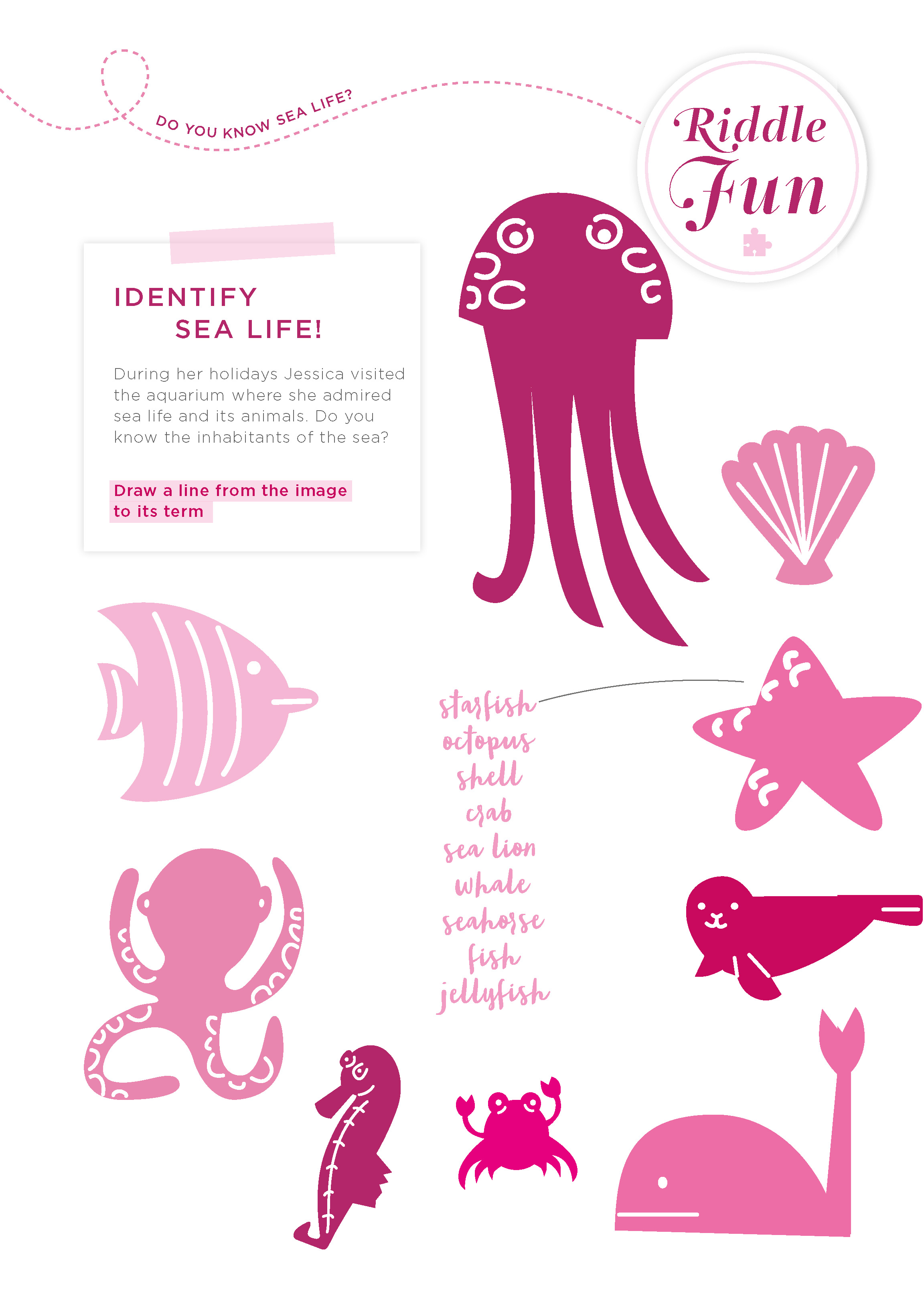 Riddle sheet with sea creatures to match the names