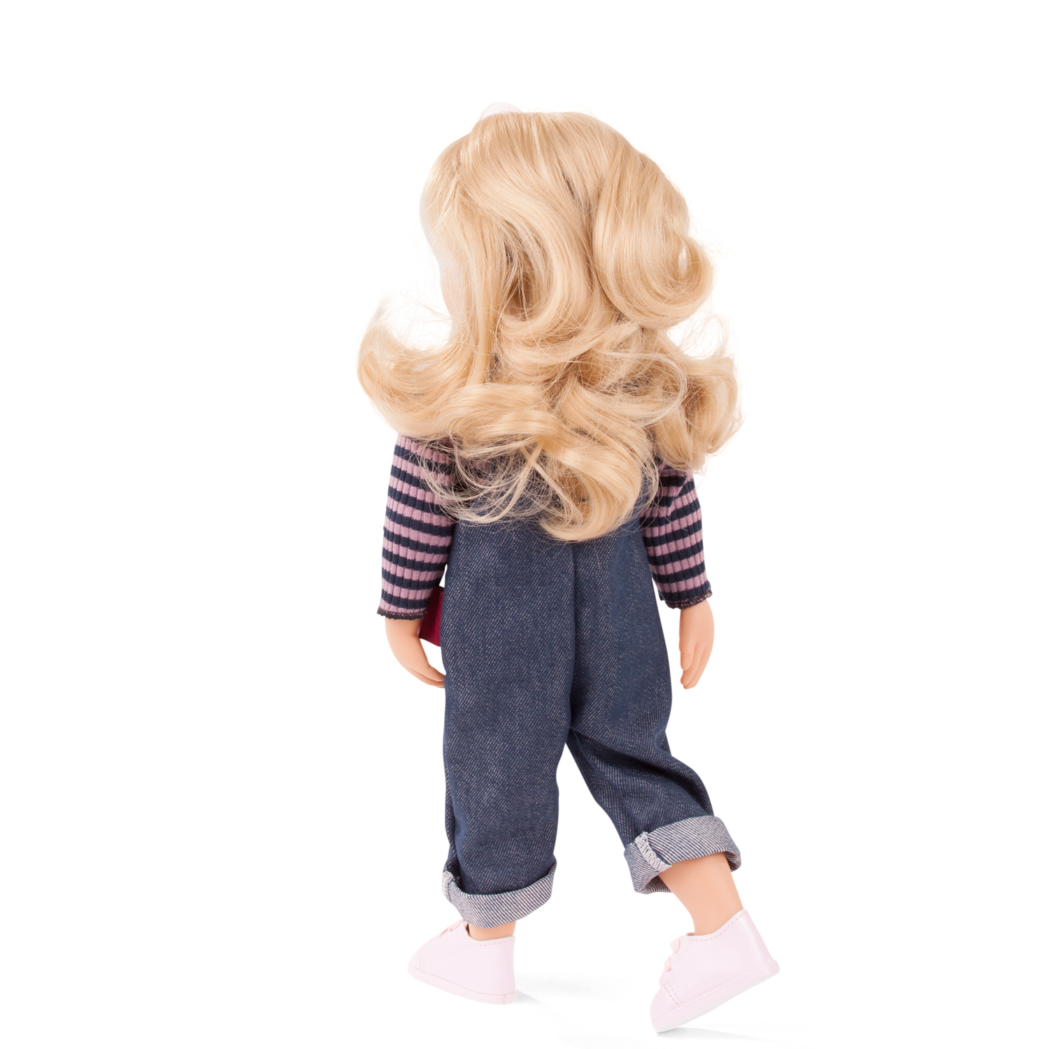 lotta-little-kidz-multigelenkstehpuppe-goetz-jeanslatzhose-sneaker-ringelshirt-blonde-haare