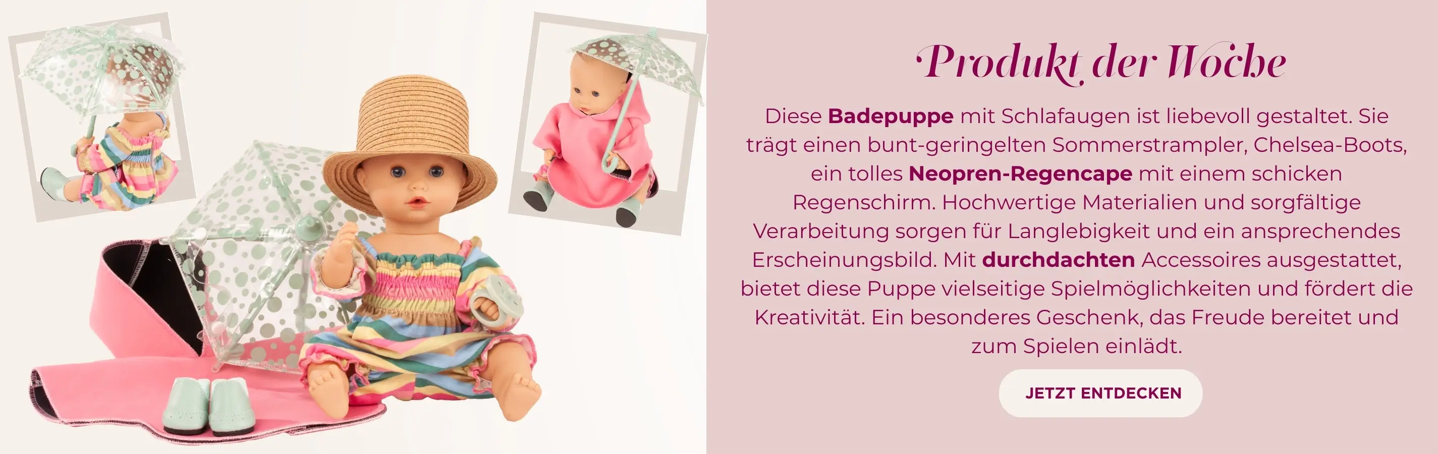 Badepuppe mit Schlafaugen  Gr. 30-33 cm mit Zubehoer. Sommerstrampler geringelt, Strohhut, Schnuller, Regencape und Regenschirm und Boots von Goetz