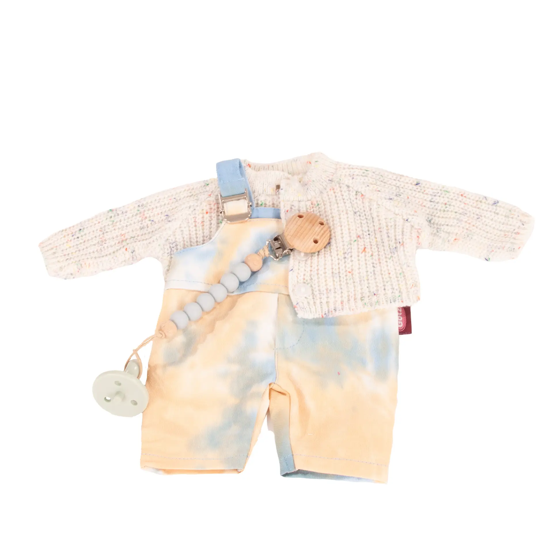 Bekleidungsset Gr. 30-33 cm, bestehend aus einer Latzhose im Batiklook mit Strickjacke und einer Schnullerkette mit Schnuller. Von Goetz