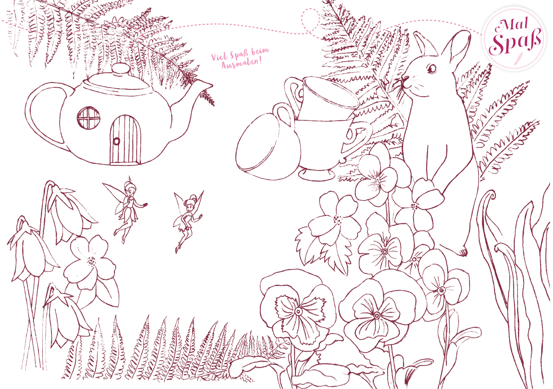 Coloring page with flowers, fairies and a rabbit