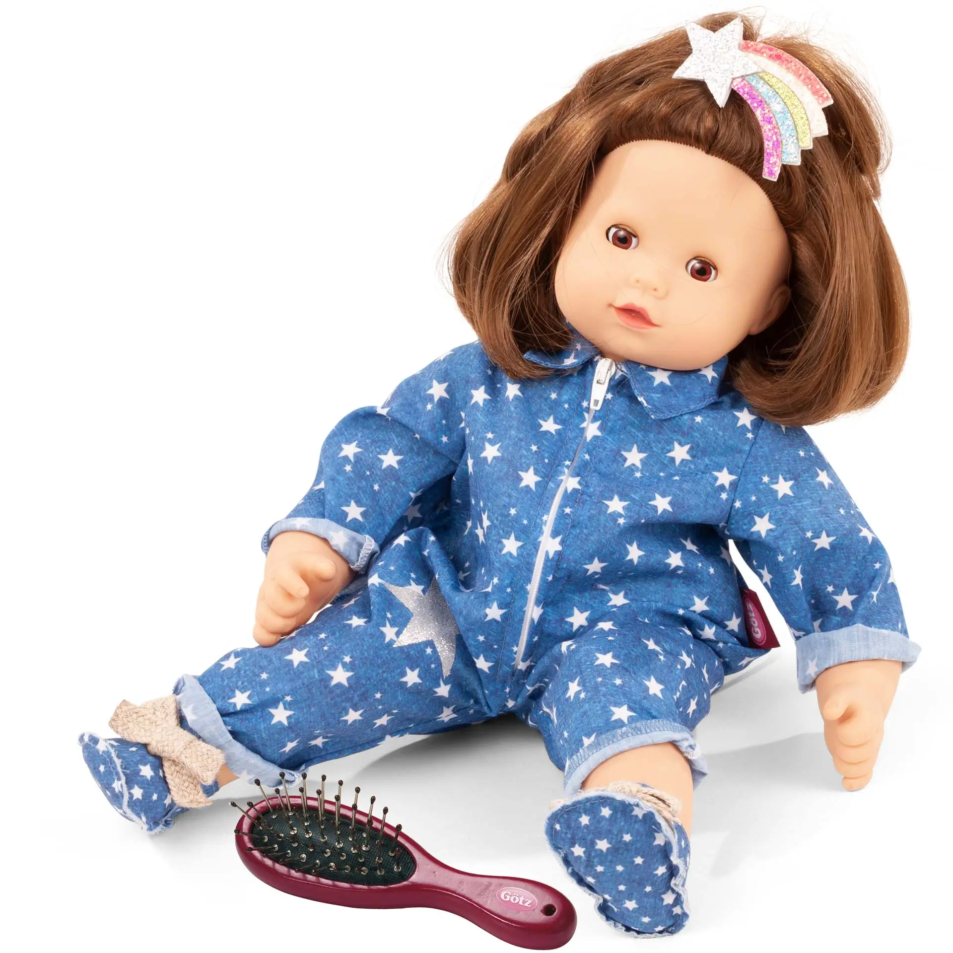 maxy-muffin-mein-stern-babypuppe-goetz-anzug-haarklammer-stoffschuhe-sternenmuster-braunhaarig-schlafaugen-schnuller