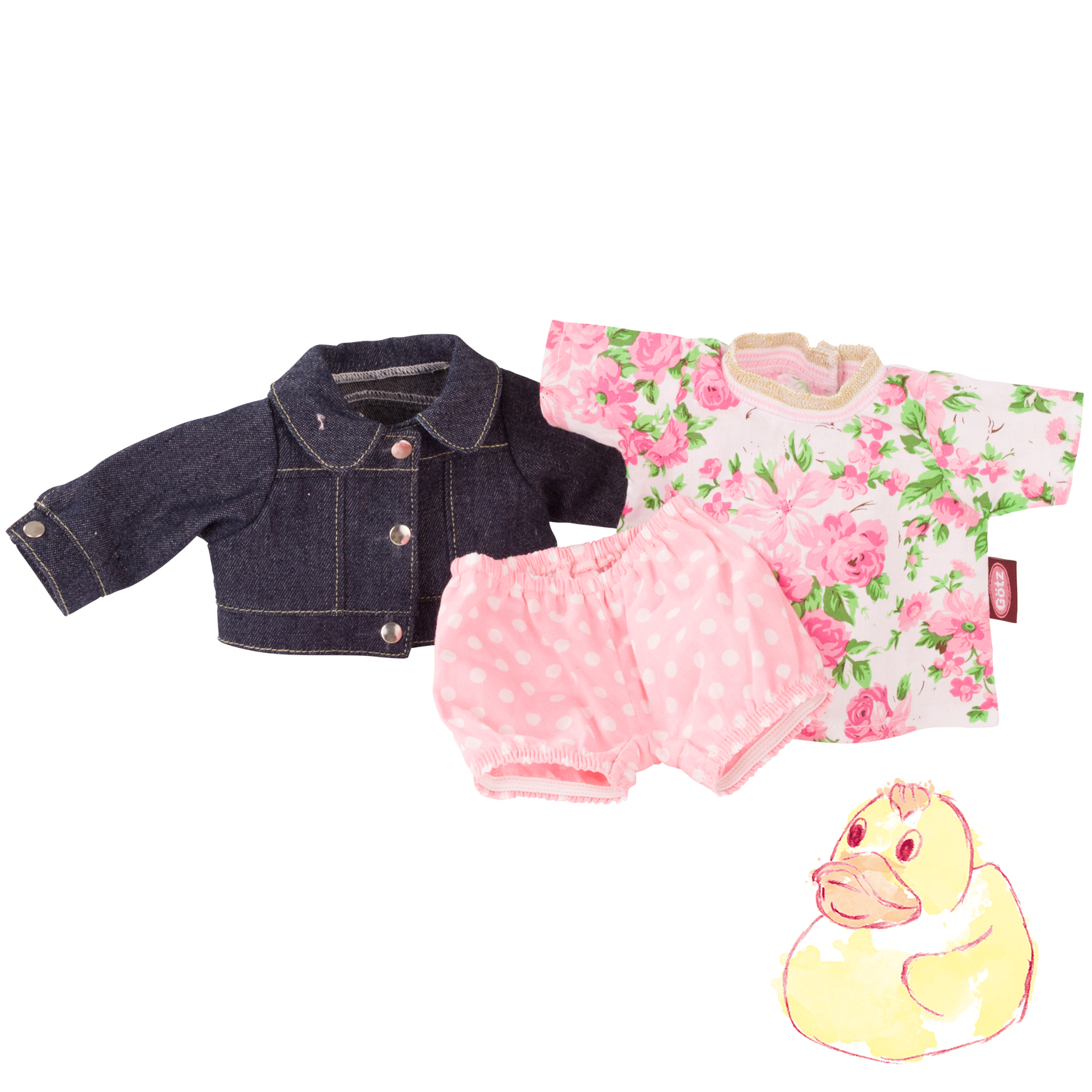 Bekleidungsset fuer Babypuppen in Groesse M bestehend aus Jeansjacke gepunktete Pumphose und gebluemtes Shirt