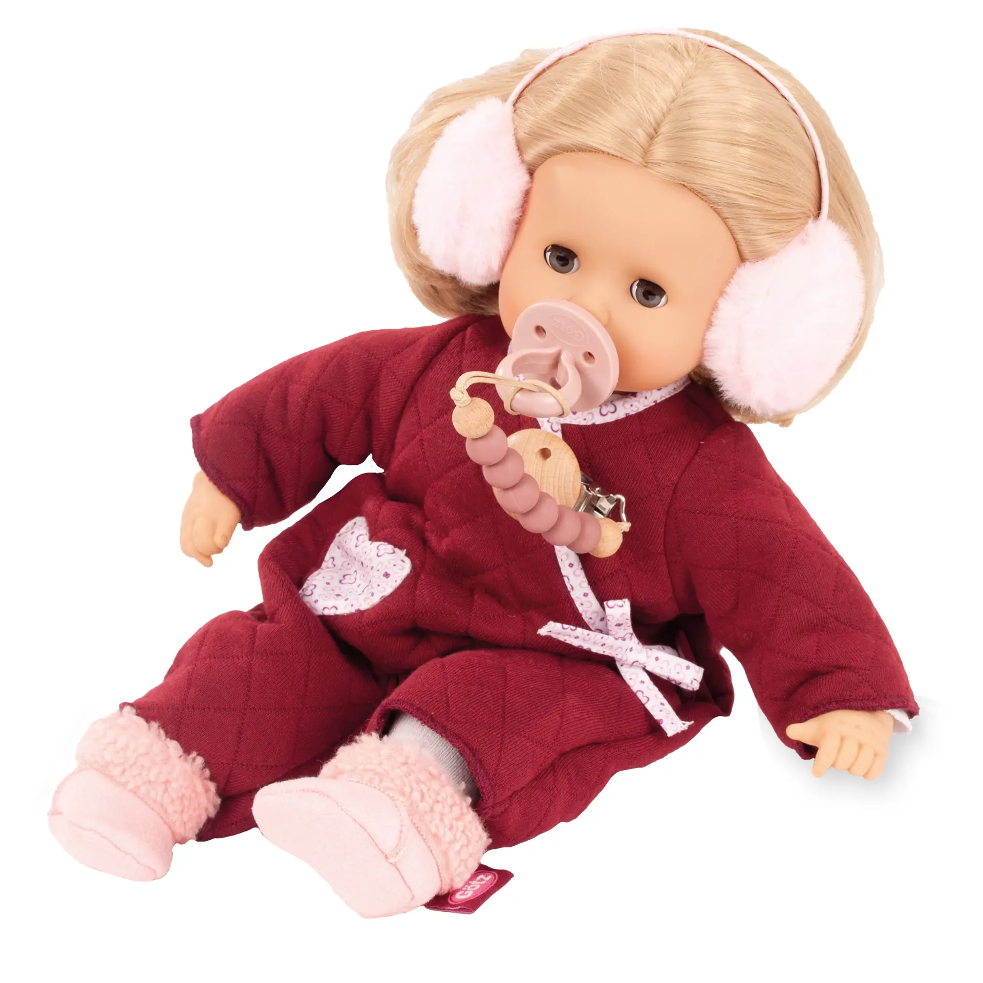 muffin-jubilee-babypuppe-goetz-ohrenschuetzer-strickanzug-schnullerkette-blond-schlafaugen-blauaeugig-winterstiefel