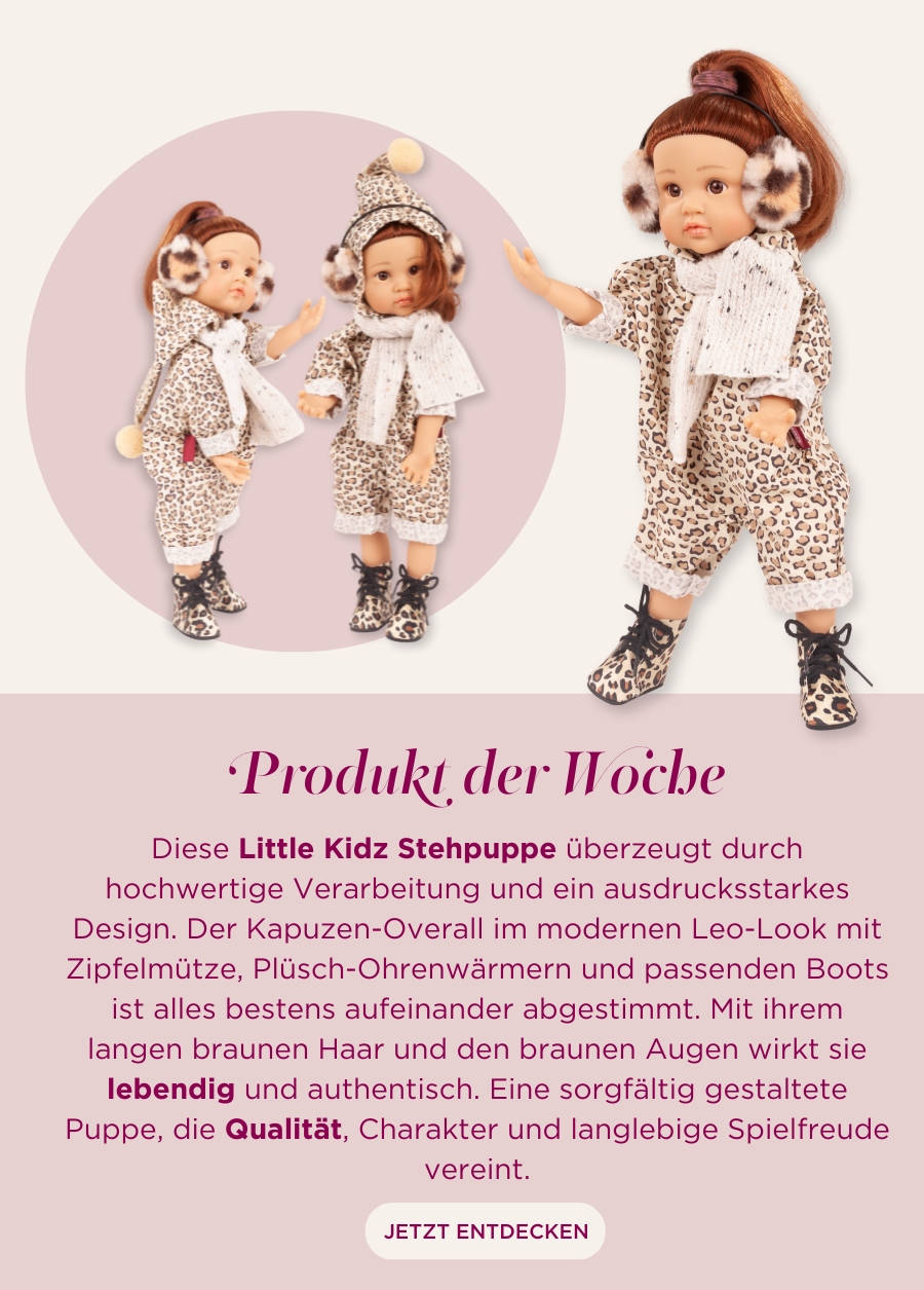 Multigelenkstehpuppe Gr. 36 cm mit rotem langen Haar und braunen Augen in einem Leo-Print Overall, passenden Leo-Boots, Ohrenwaermern und Schal von Goetz