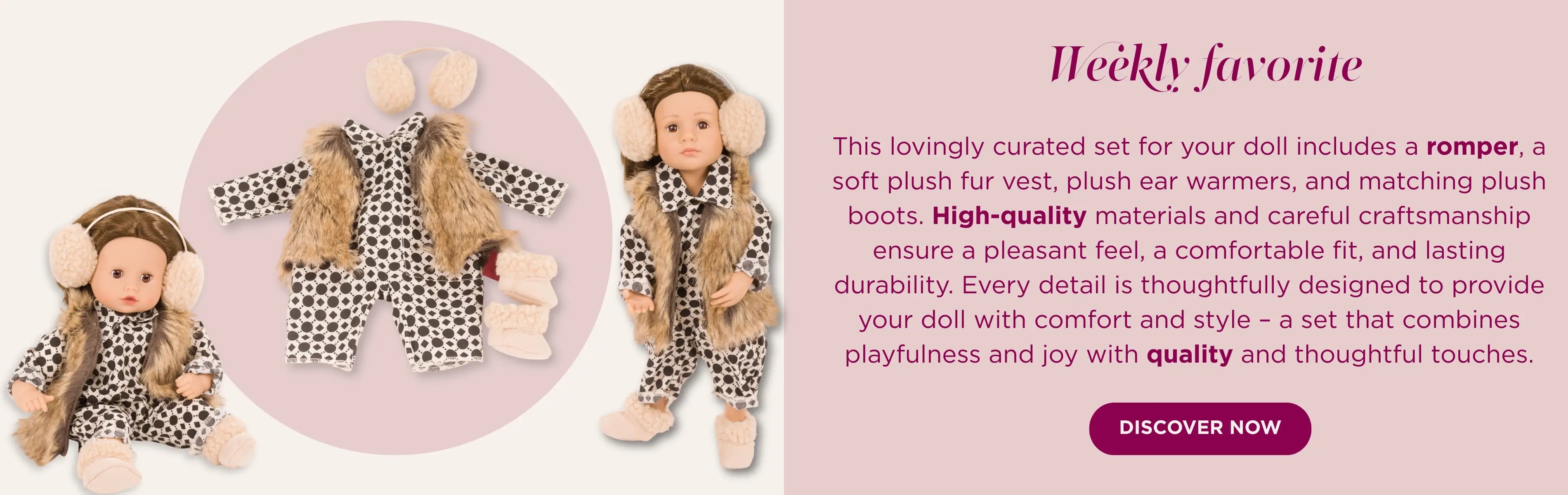 Kombi für Stehpuppen Gr. 36 cm und BAbypuppen Gr. 30-33 cm. Ein Overall mit Plueschfell-Weste und Plueschohrenwaermer und Plueschboots in beige.Von Goetz